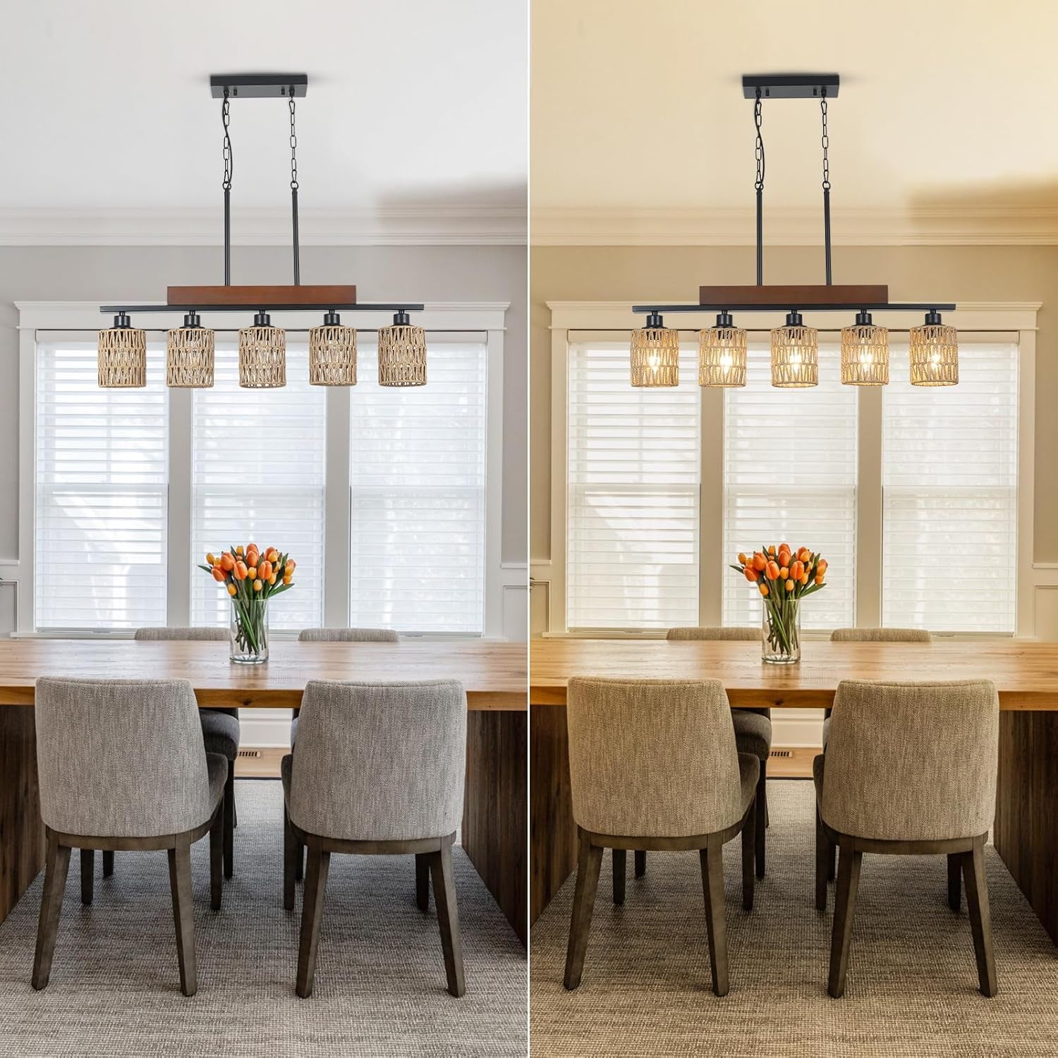Rattan Farmhouse 5 Light Linear Chandelier Black Lighting shown over a dining table with floral centerpiece.