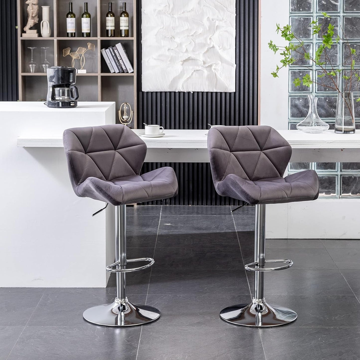 Breni Velvet Diamond Tufted Swivel Adjustable Height Bar Stool Set Of 2 Gray