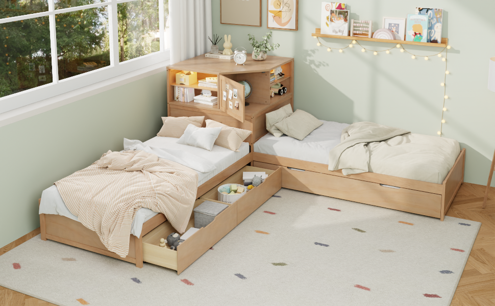 L-Shaped Combination Twin Bed Frame with Trundle and Drawer