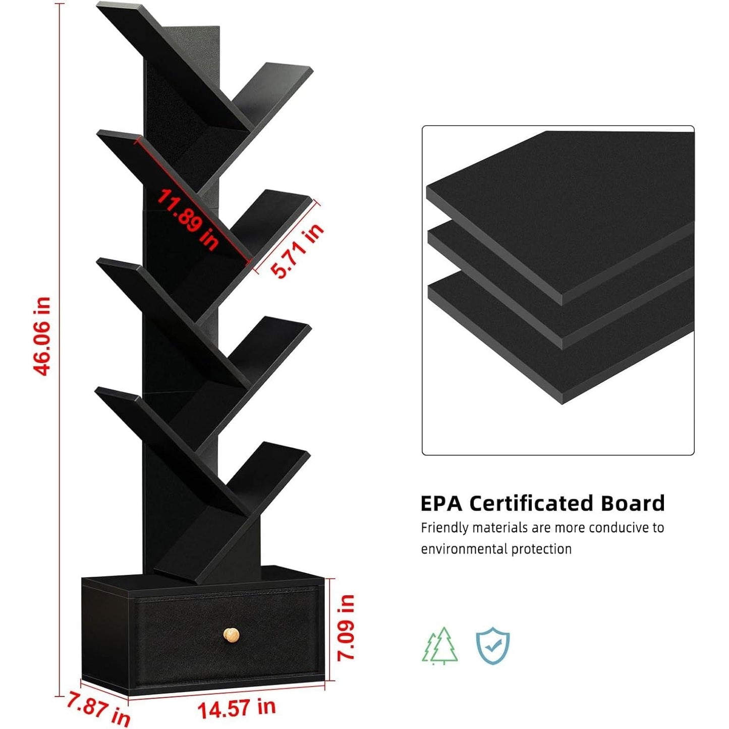 8 Tier Tree Bookshelf Drawer Freestanding Black Bookcase