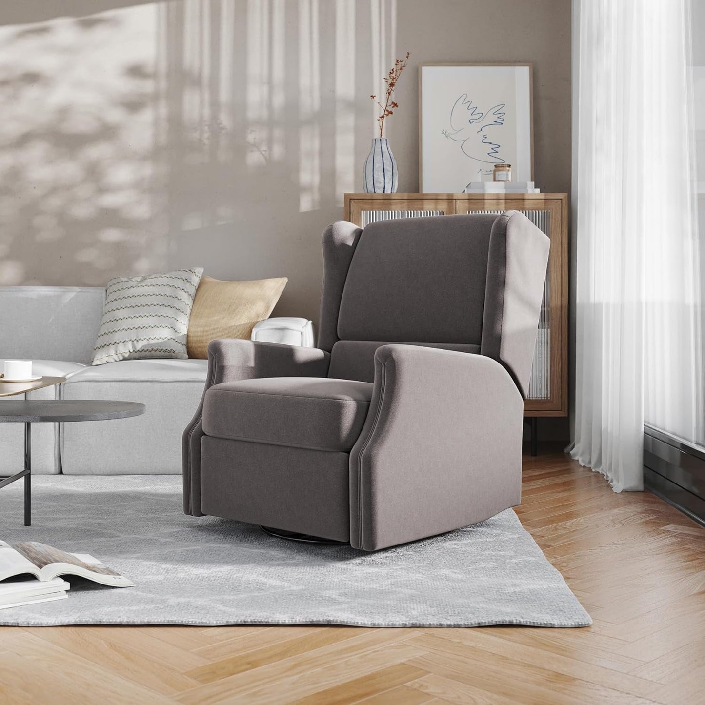Omma Wingback Swivel Glider Recliner Dark Gray Upholstered