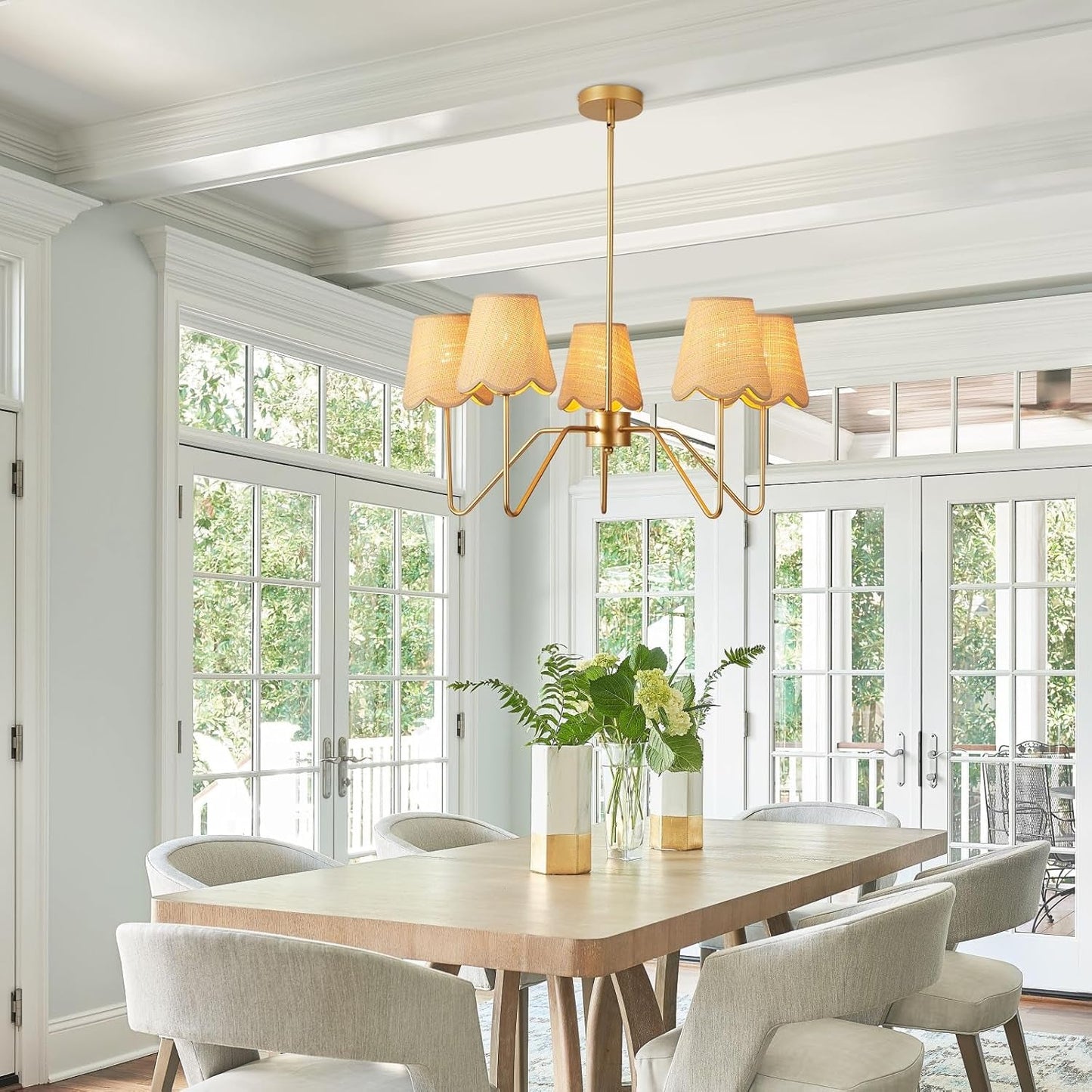 28 Inch Rattan Chandelier Antique Brass Five Light Pendant With Flower Shade Lamps