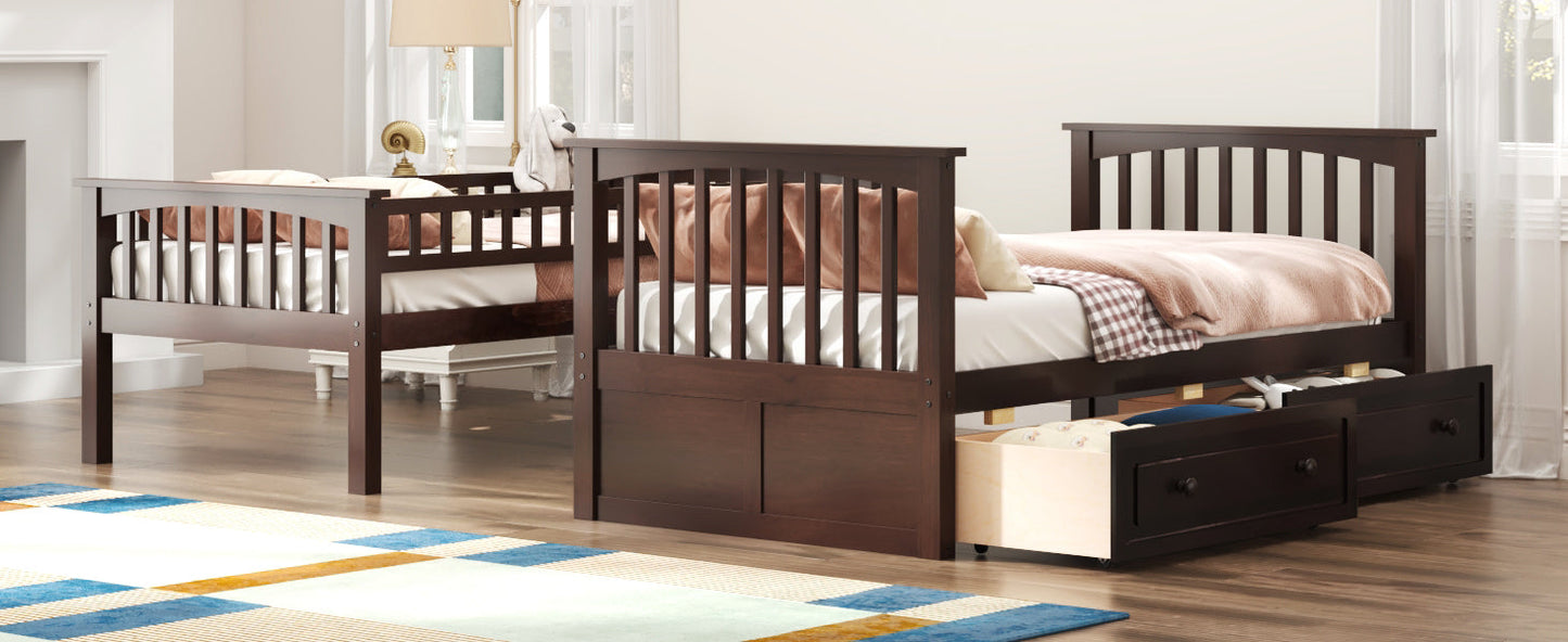 Twin Over Twin Bunk Bed with Drawers, Convertible Beds