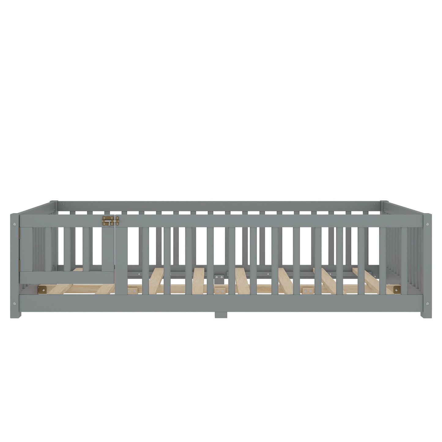 Full Size Bed Floor Bed with Safety Guardrails and Door for Kids, Gray(Old SKU: W1580P154626)