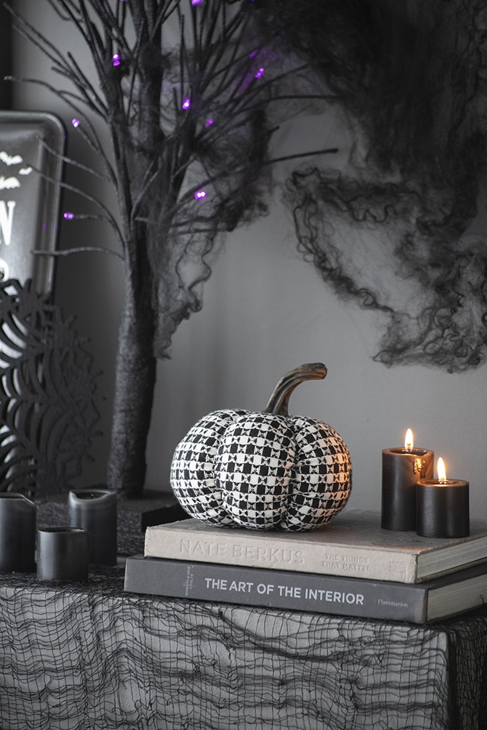 Plaid Fabric Pumpkin 7'' Black & White Halloween Decoration Accent