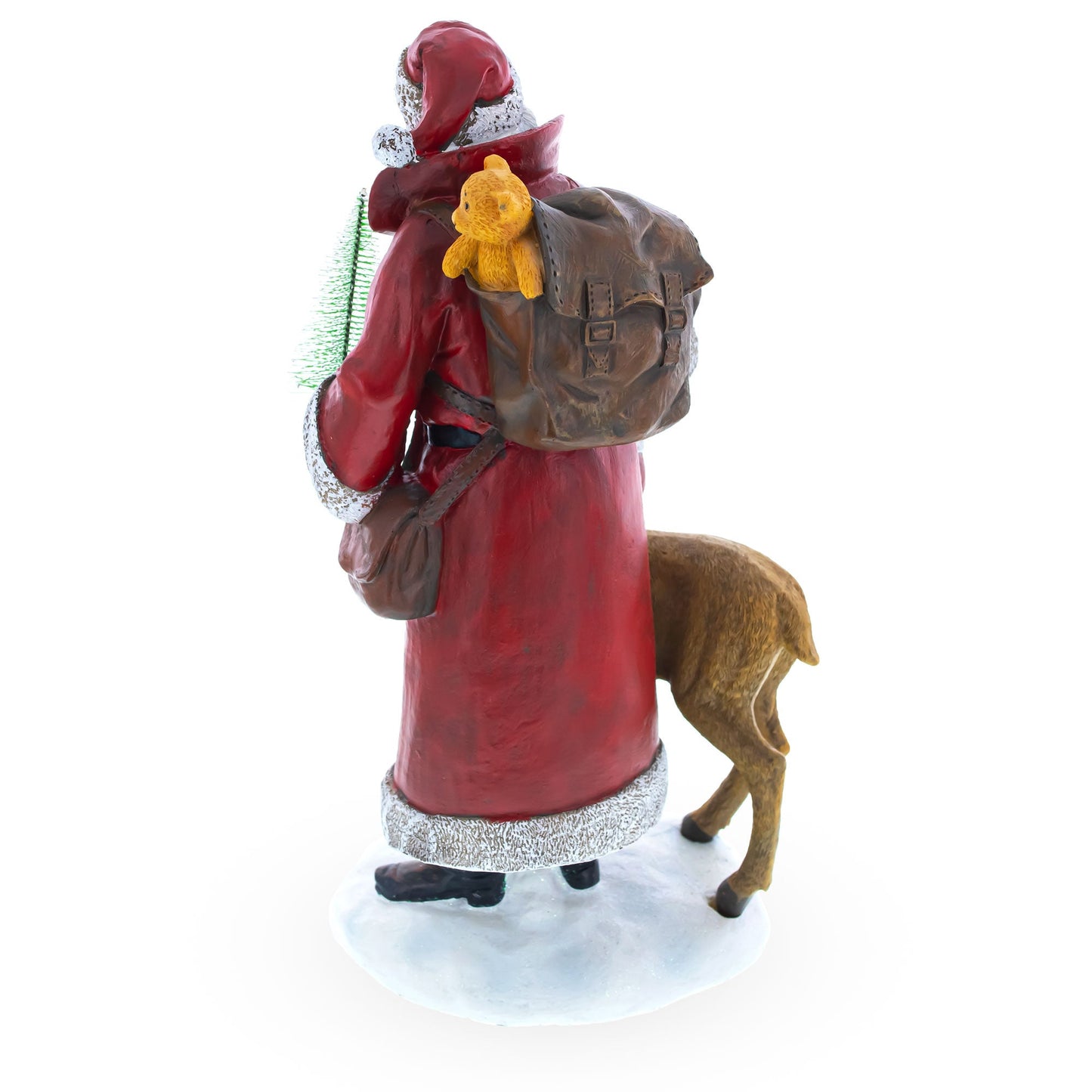 Santa Holding Christmas Tree and Bell by Reindeer Figurine 12 Inches