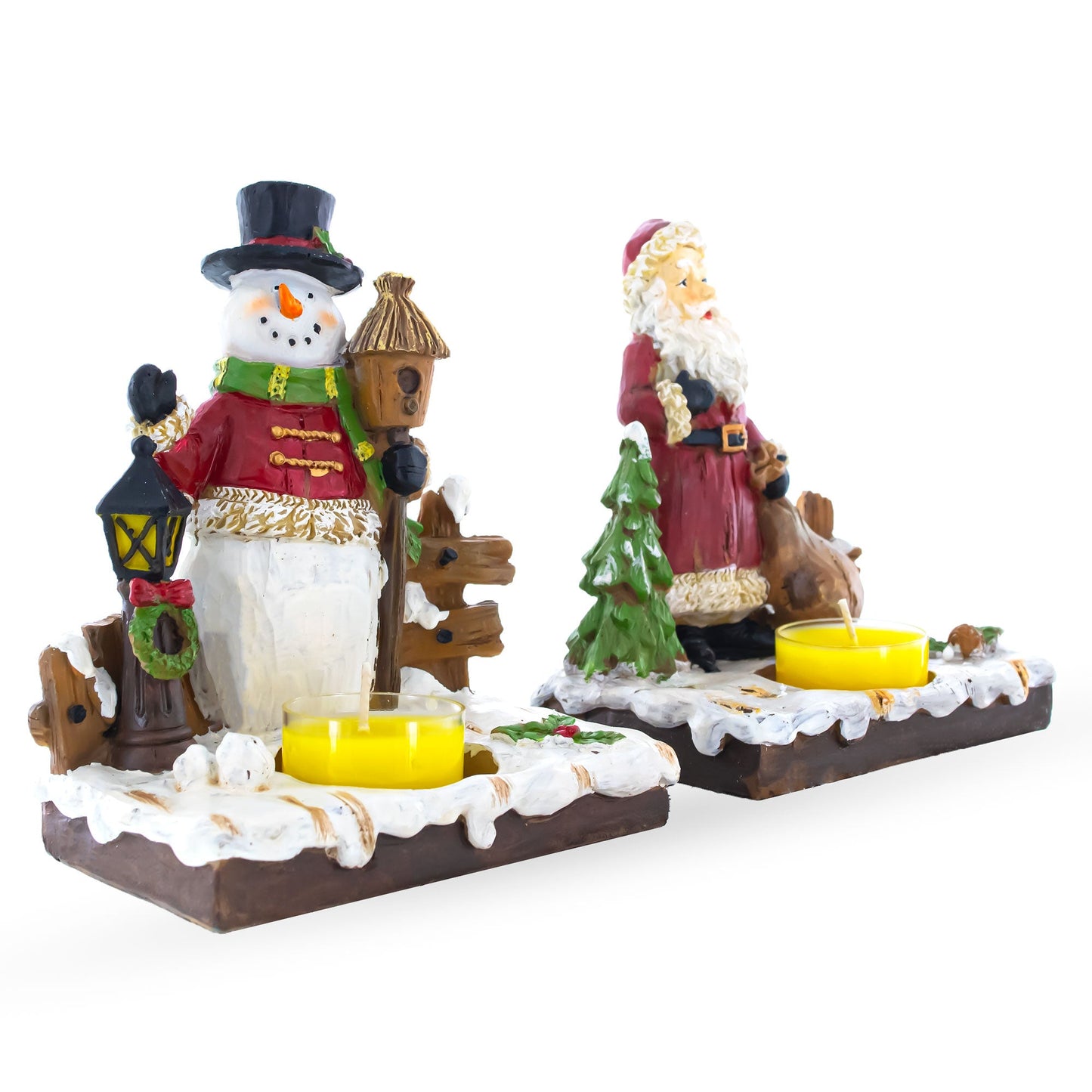 Set of 2 Santa and Snowman Candle Holders 6 Inches