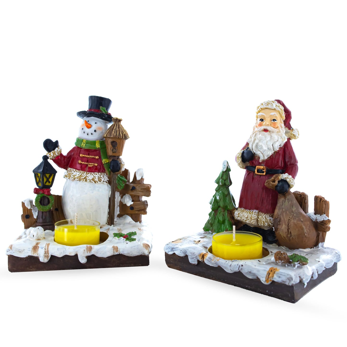 Set of 2 Santa and Snowman Candle Holders 6 Inches