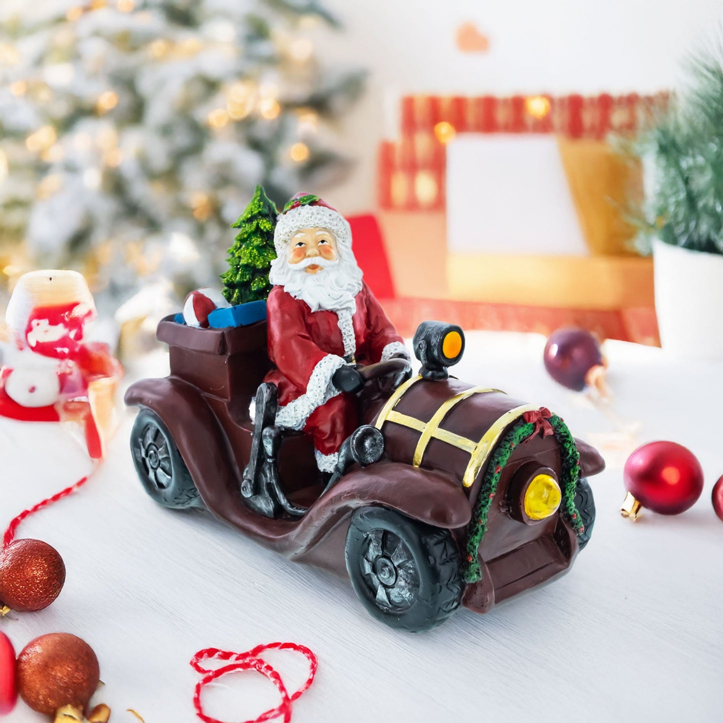 Santa Driving Classic Car with LED Lights Figurine 10.5 Inches Long