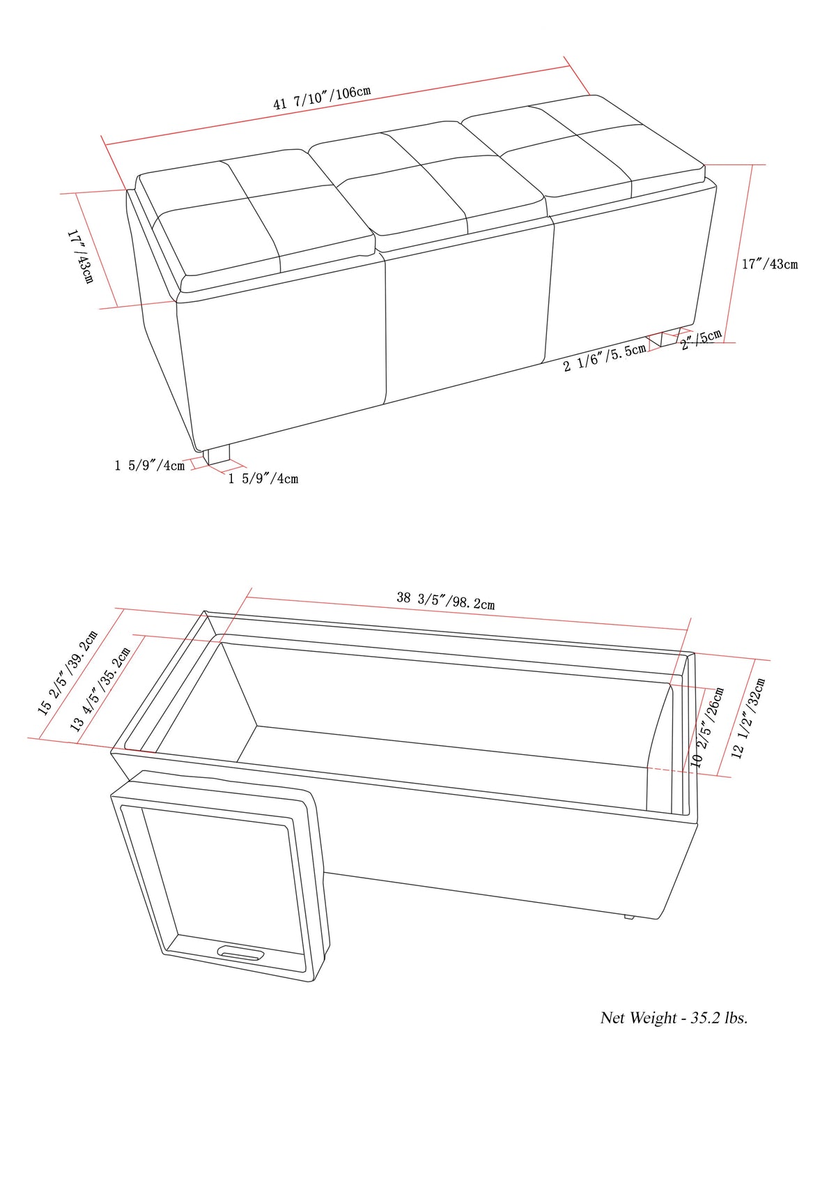 Avalon 42 Inch Wide Storage Ottoman in Tanners