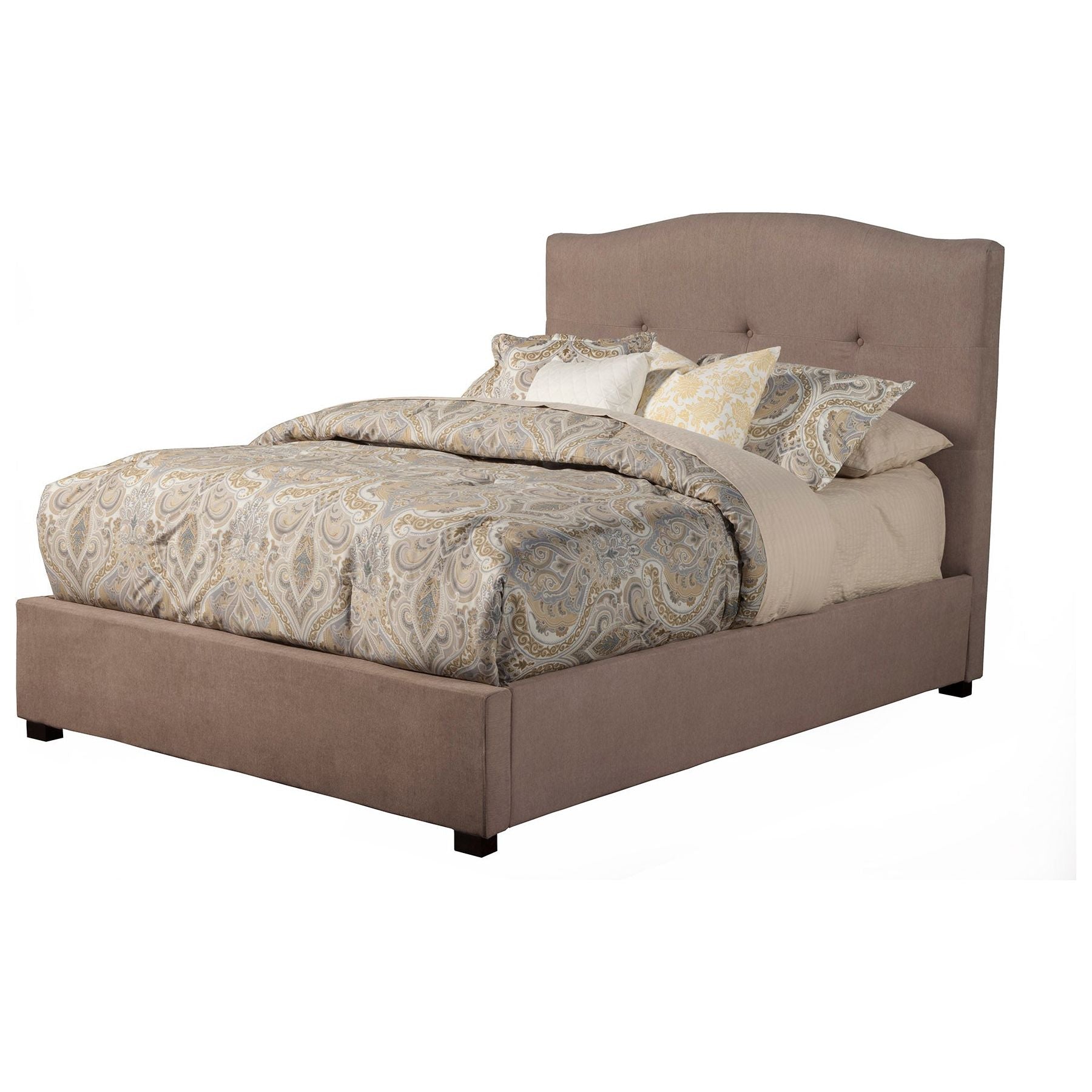 Amanda Bed in jute upholstery with tufted headboard and decorative pillows on a stylish bed frame.