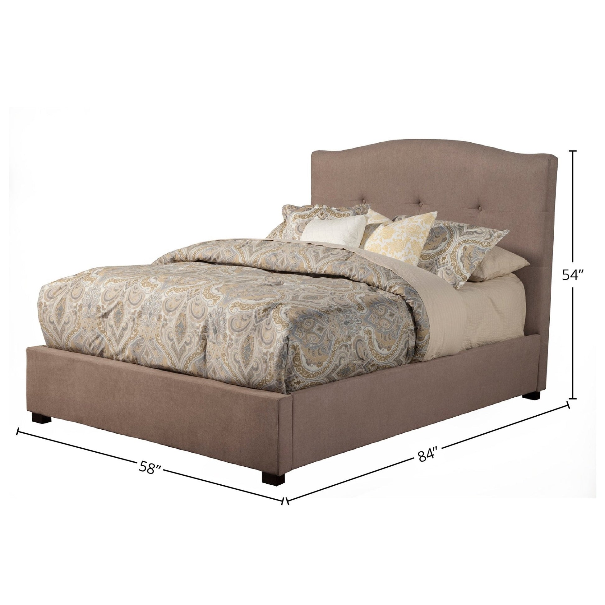 Amanda Bed in plush jute upholstery with tufted headboard and bedding, dimensions 84" x 58" x 54".