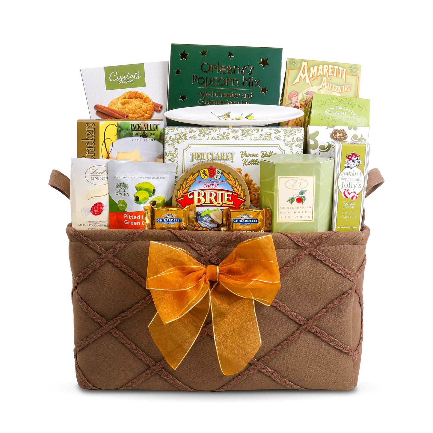 Gift basket with snacks and treats on a white background