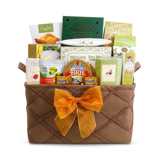 Gift basket with snacks and treats on a white background
