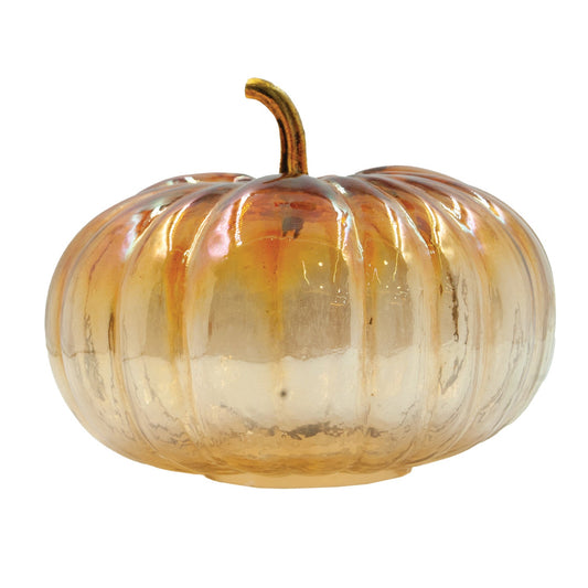 Amber Iridescent Glass Pumpkin with Brass Stem