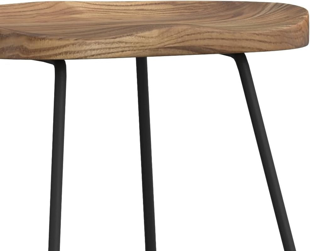 Amberly Natural 24 Inch Saddle Counter Height Bar Stool Set close-up showcasing wood seat and iron legs.