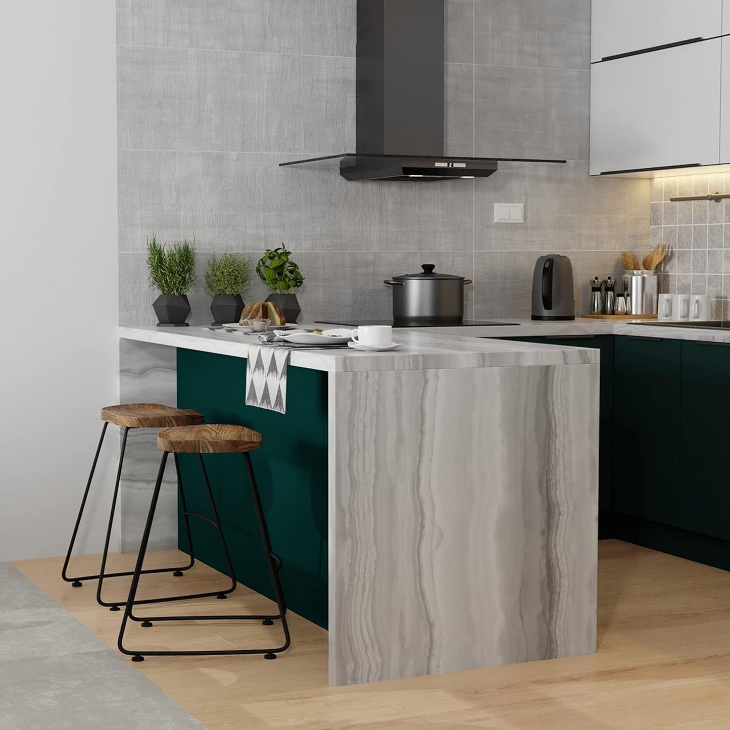 Amberly Natural 24 Inch Saddle Counter Height Bar Stool Set in a modern kitchen with a stylish marble countertop.