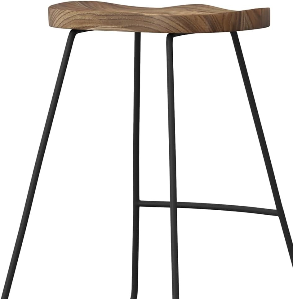 Amberly Natural 24 Inch Saddle Counter Height Bar Stool Set showing rustic wood seat and black metal legs.
