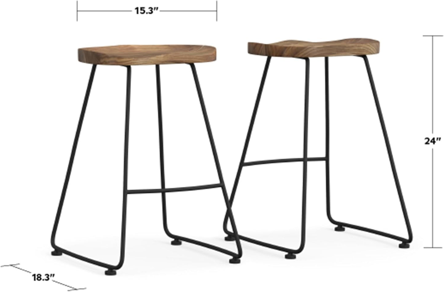 Amberly Natural 24 Inch Saddle Counter Height Bar Stool Set featuring solid elm wood and iron tubing.