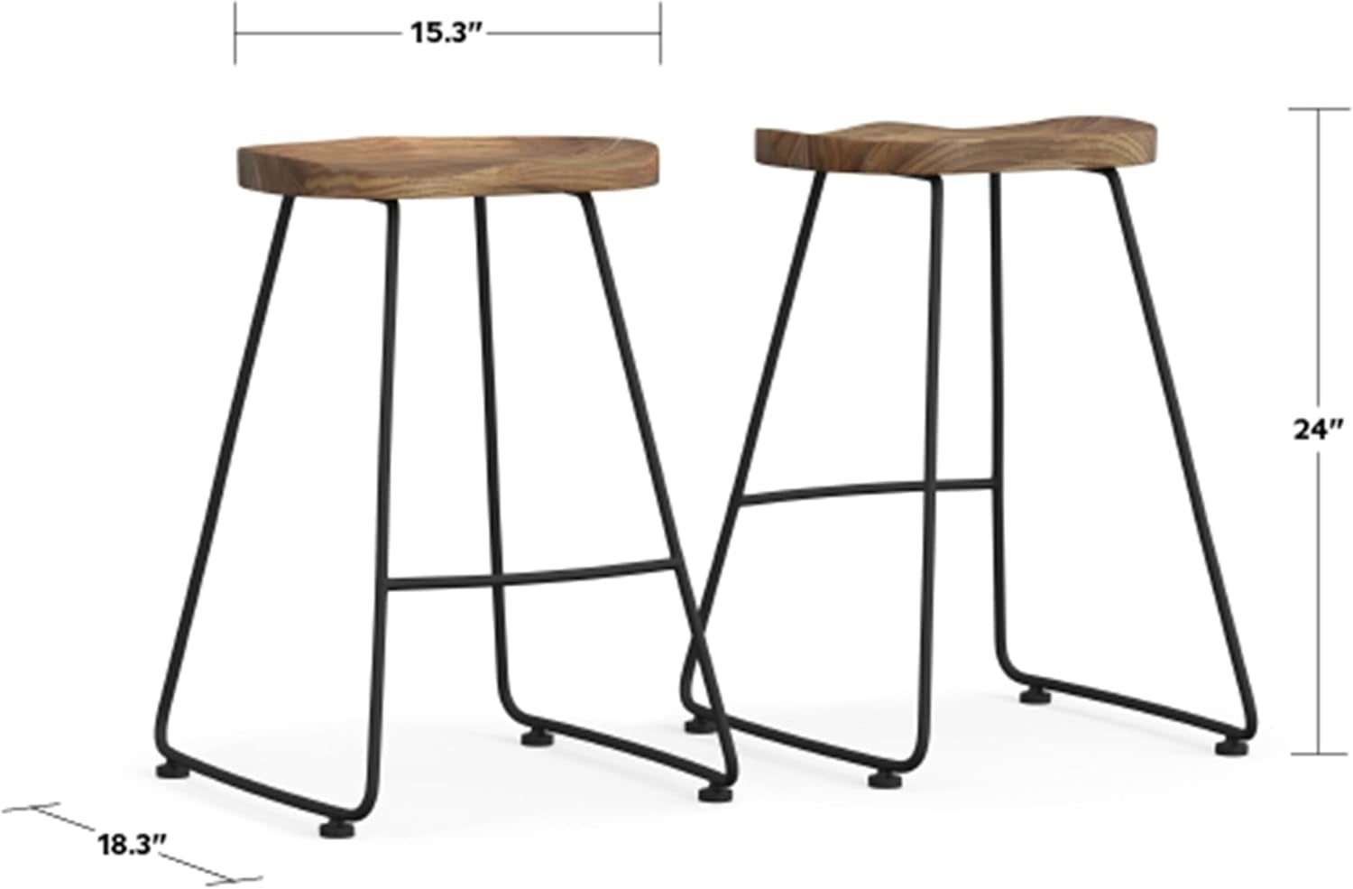 Amberly Natural 24 Inch Saddle Counter Height Bar Stool Set featuring solid elm wood and iron tubing.