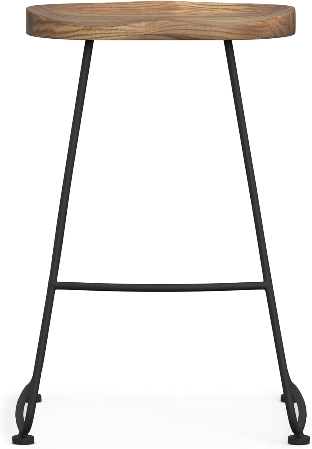 Amberly Natural 24 Inch Saddle Counter Height Bar Stool Set featuring solid wood top and black iron legs.
