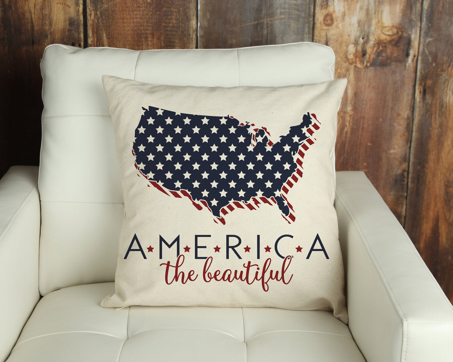 America the Beautiful 4th of July Pillow Cover 18x18 inch with USA map design in stars and stripes.