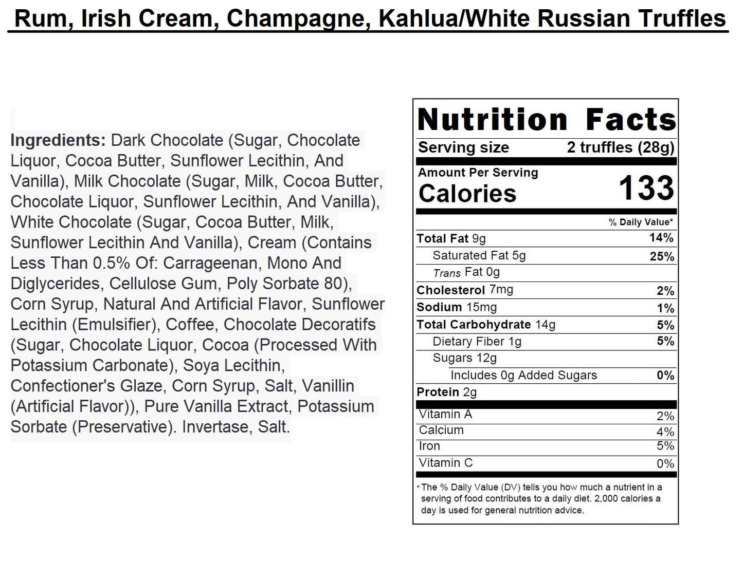 Nutrition facts label for truffles with ingredients listed on a white background