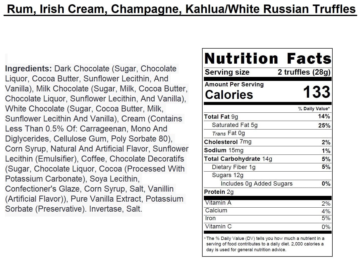 Nutrition facts label for truffles with ingredients listed on a white background