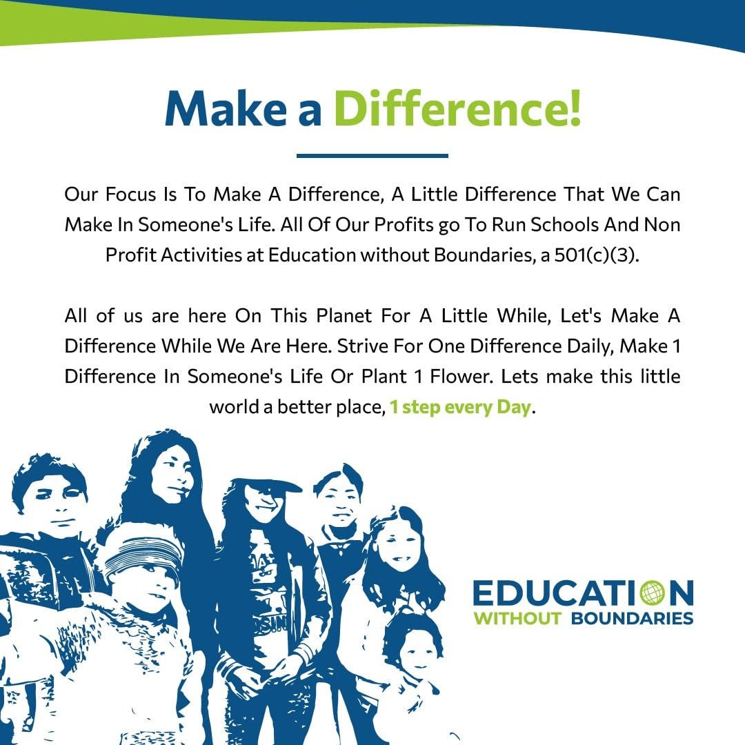Advertisement for Education Without Boundaries with text and children's illustrations.
