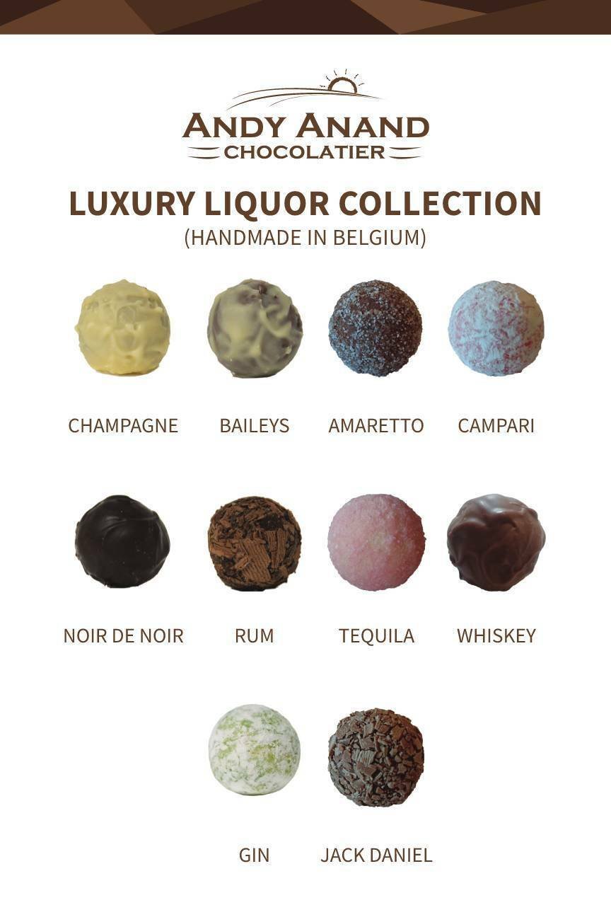 Andy Anand Chocolatier luxury liquor collection with various chocolate truffles on a white background.