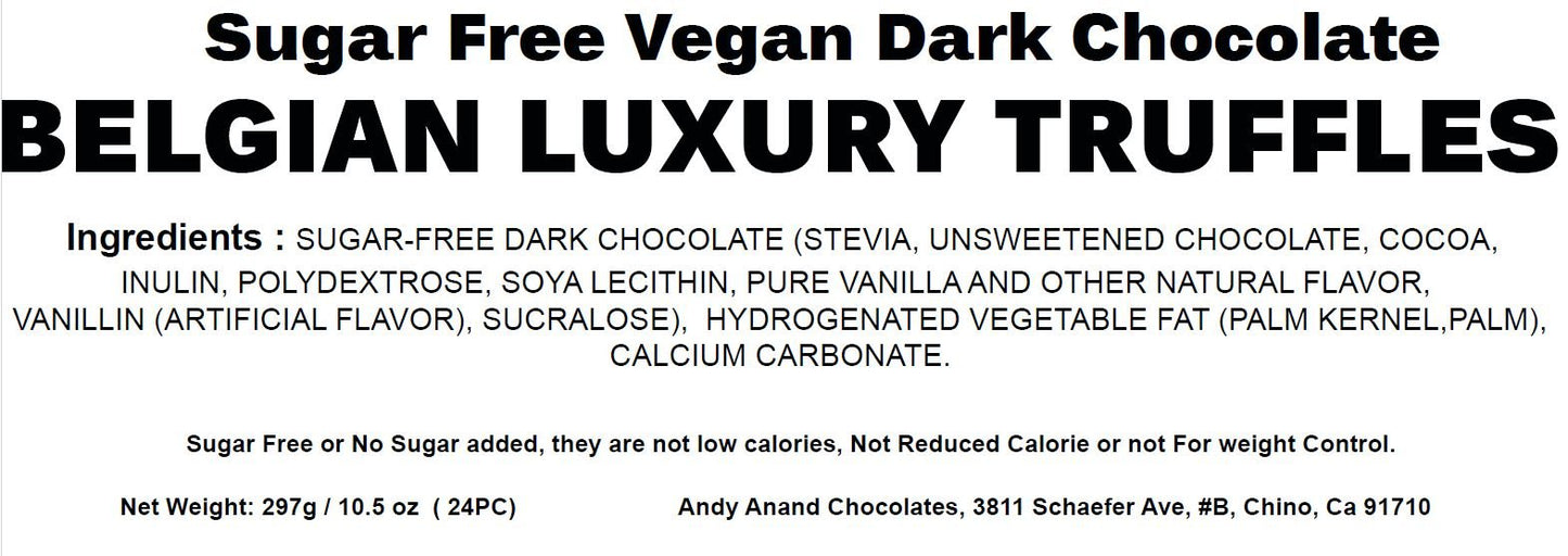 Andy Anand 24 pcs Sugar Free Vegan Dark Chocolate Truffles – 60% Chocolate (Cocoa Butter), Dairy Free, Soy Free, Sesame Free, Gift Boxed