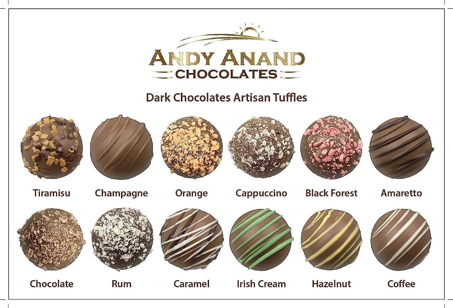 Andy Anand Artisan Dark Chocolate Truffles – 24 Pc Handmade Assorted Flavors, Decadent & Delicious, Made with 60% Chocolate (Cocoa Butter)