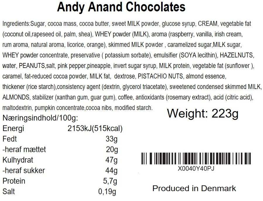 Nutritional label for Andy Anand Chocolates with ingredients and weight information.