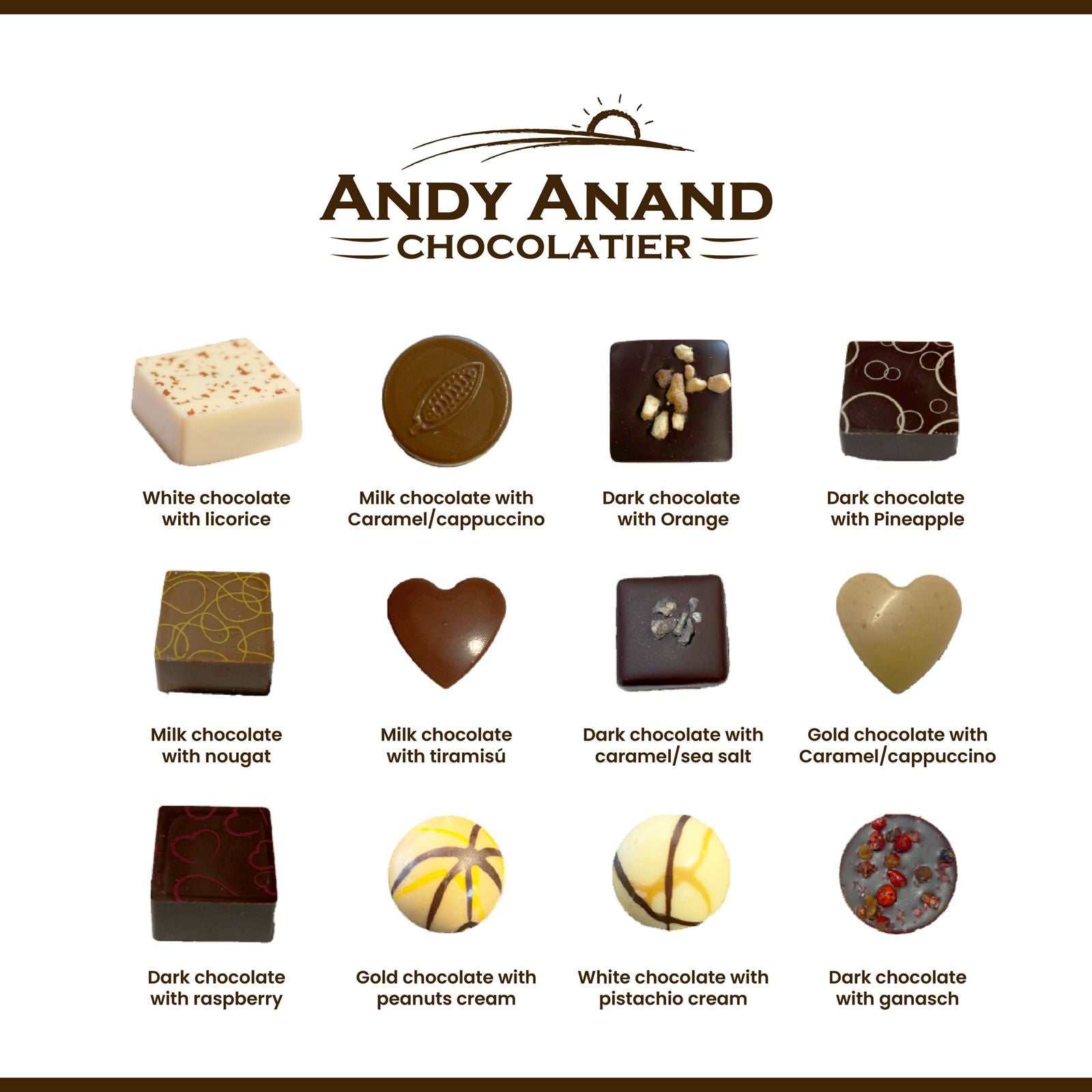 Assorted chocolates displayed with 'Andy Anand Chocolatier' branding.