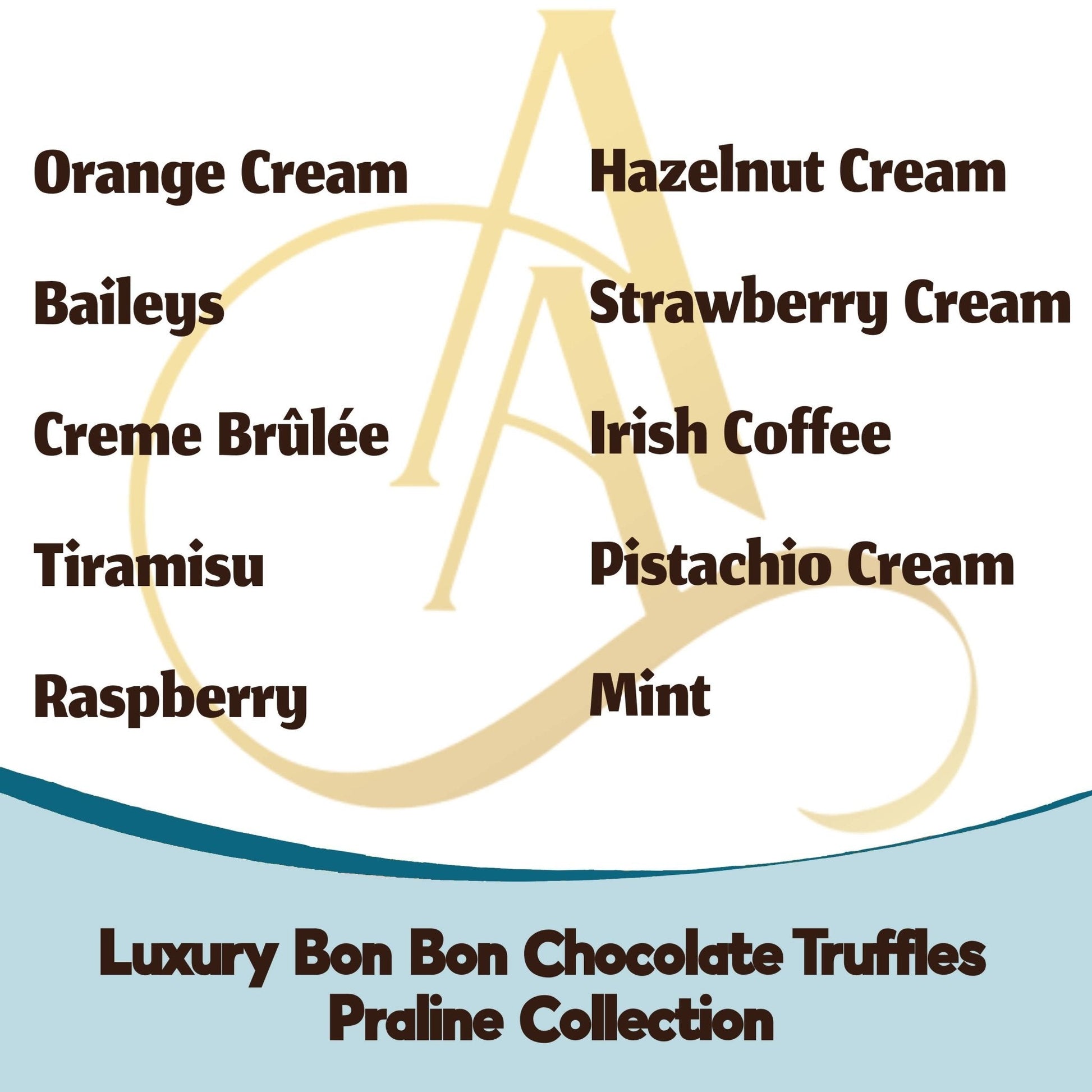List of chocolate truffle flavors with a decorative 'A' on a white background.