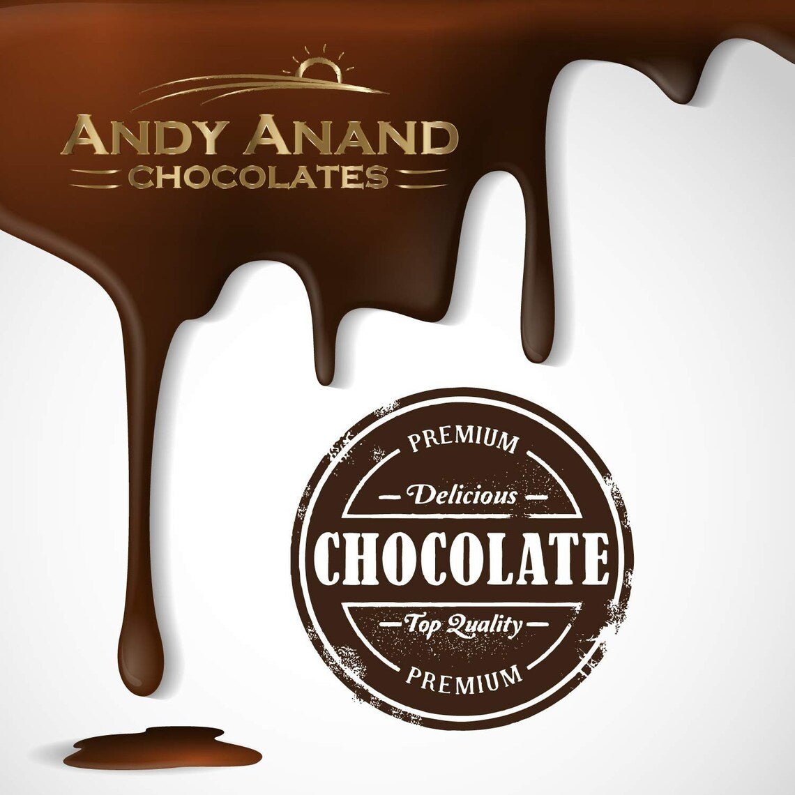 Dripping chocolate with 'Andy Anand Chocolates' branding on a white background