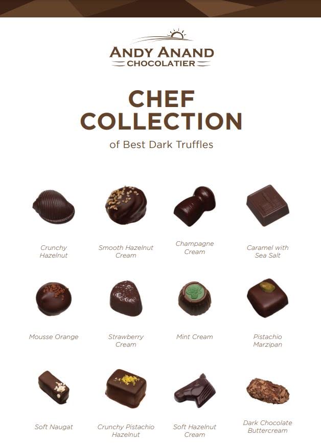 Andy Anand Chocolatier Chef Collection of dark truffles with various flavors on a white background.