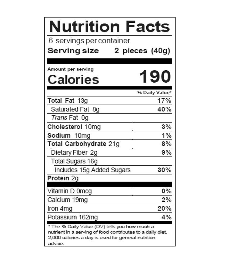 Nutrition facts label for a food product with serving size, calories, and nutritional content details.