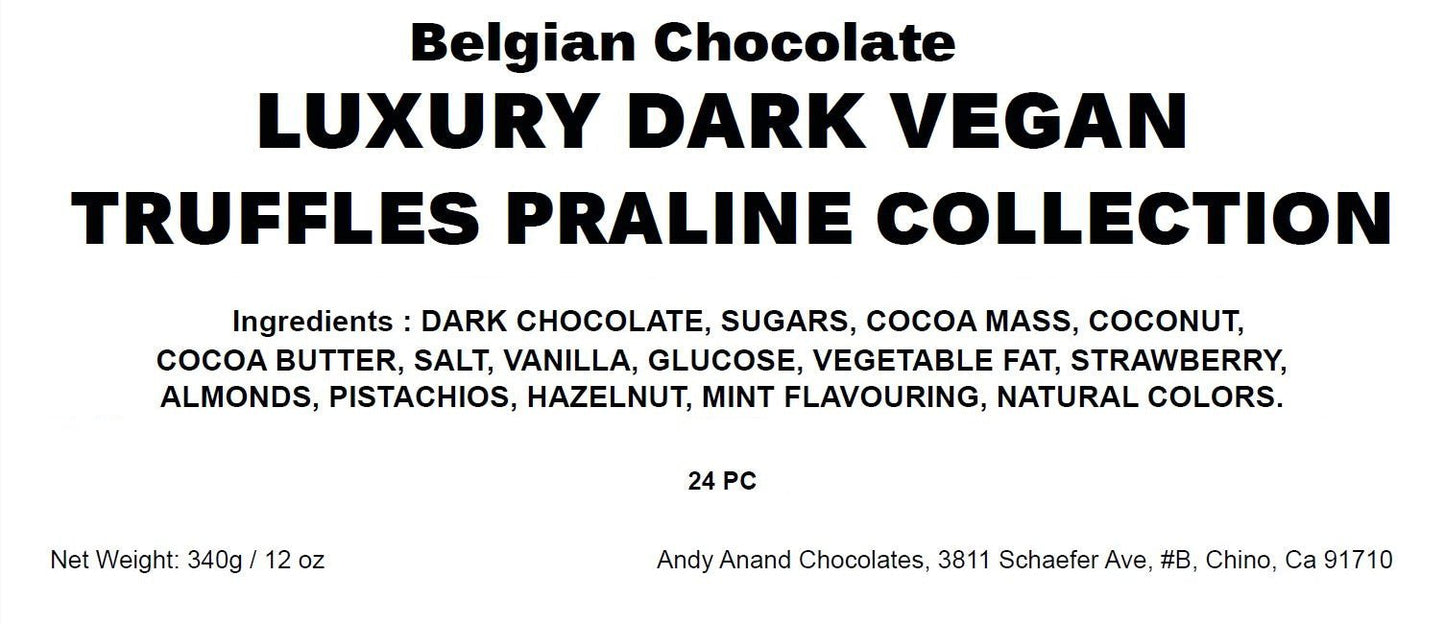 Label for Belgian Chocolate Luxury Dark Vegan Truffles Praline Collection with ingredients list.