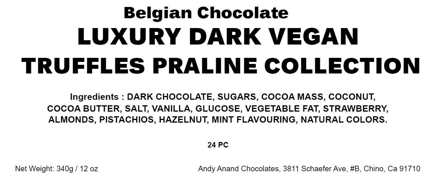 Label for Belgian Chocolate Luxury Dark Vegan Truffles Praline Collection with ingredients list.