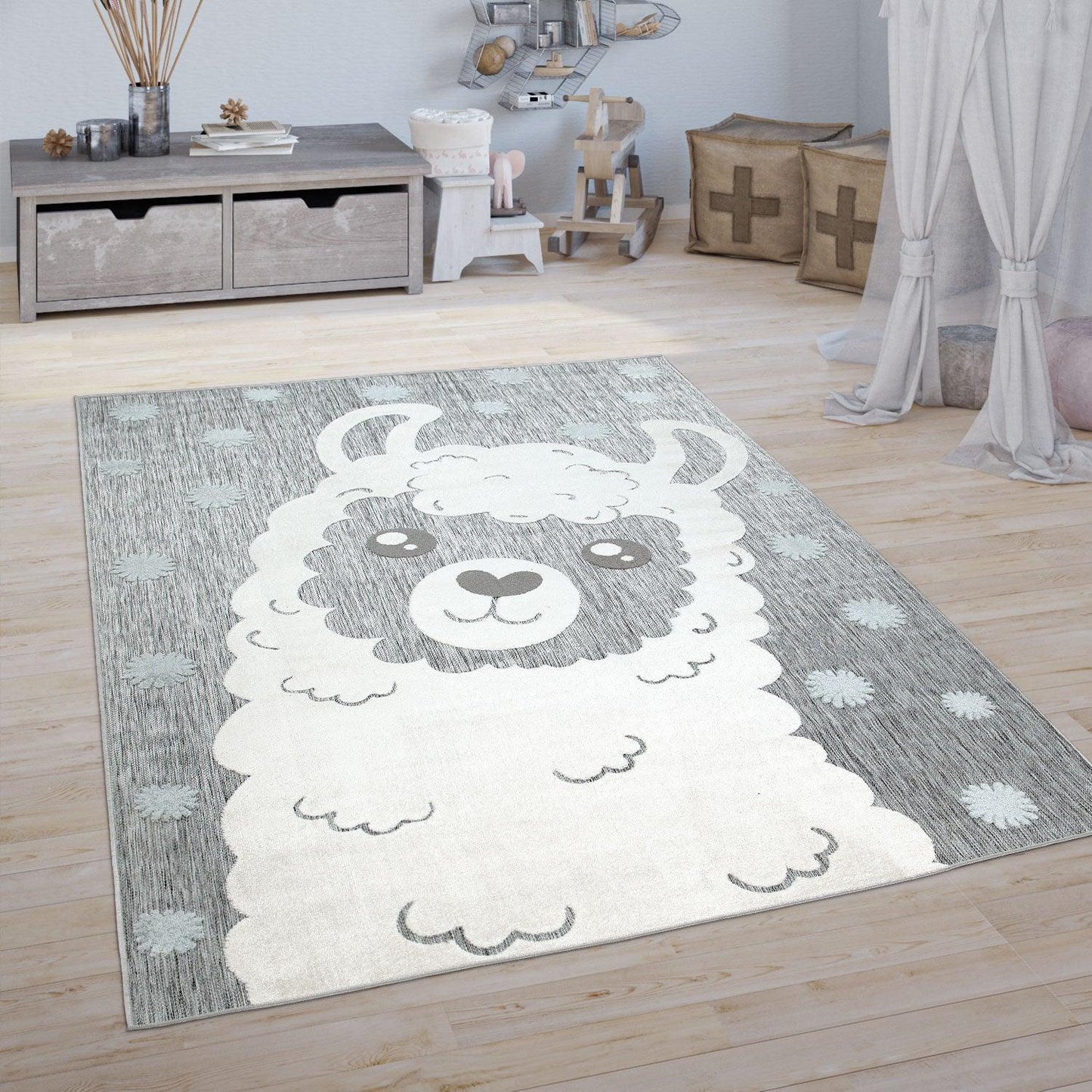 Kids Rug Lilo with Cute Llama Motif - Grey White