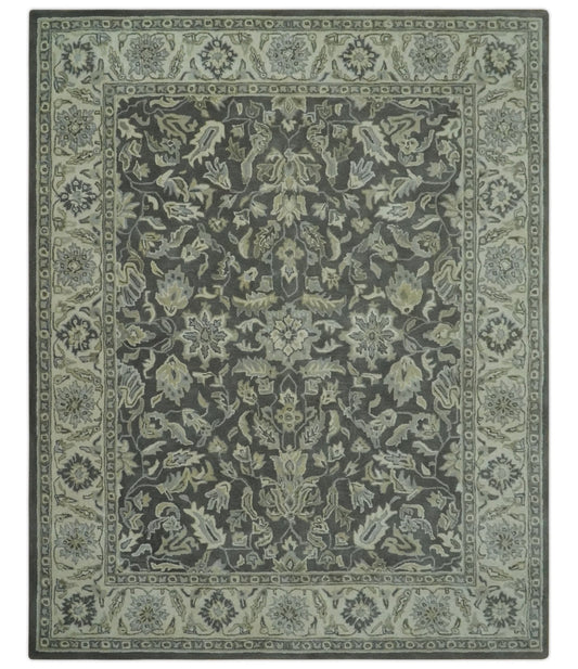 Antique Design 8x10 Charcoal and Beige Traditional Floral Hand Tufted rug