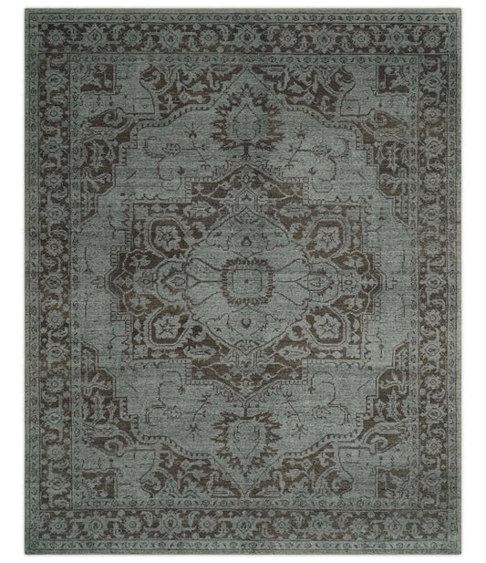Antique Design Traditional Heriz Medallion Silver, Charcoal and Brown Hand Knotted 8x10 wool area Rug