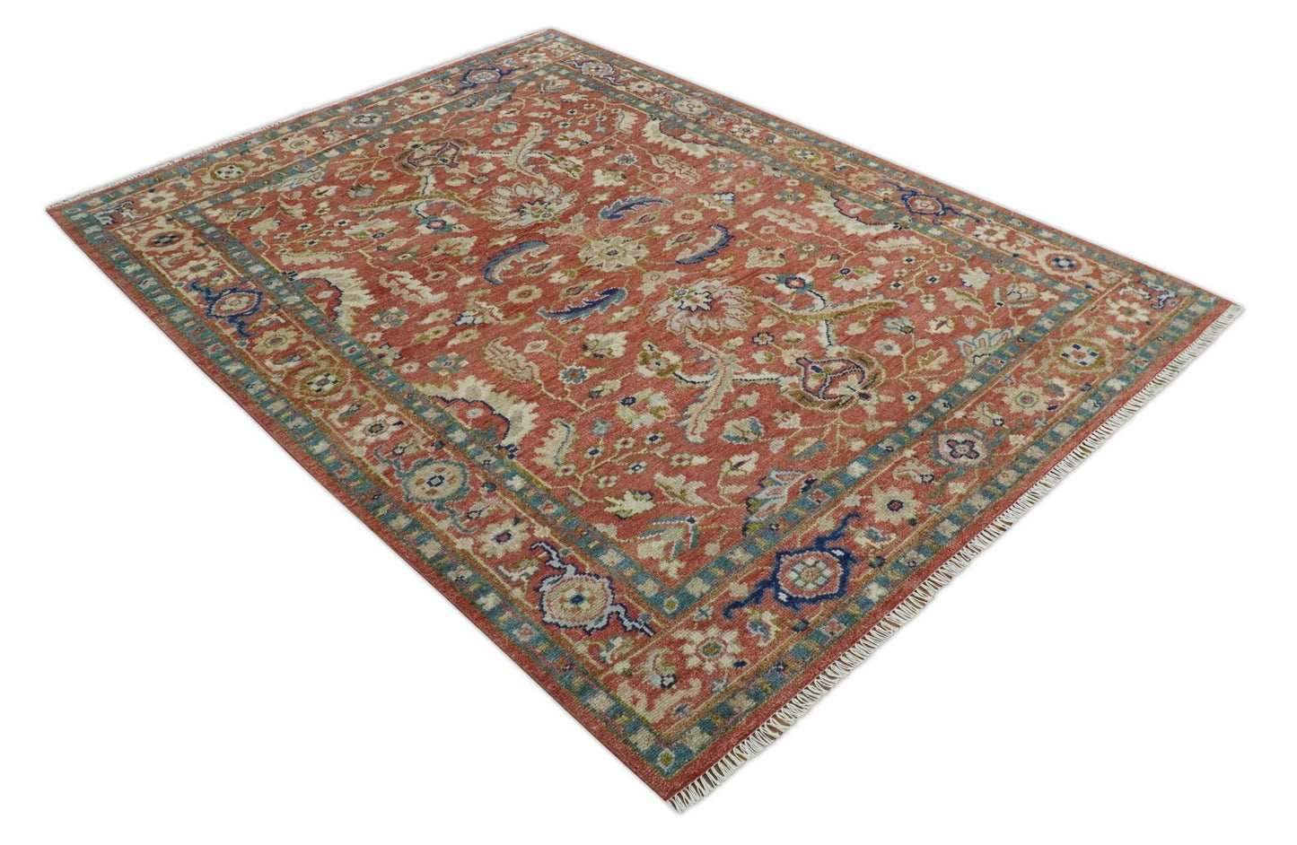 Antique Floral Style Rust, Teal, Ivory and Olive Hand Knotted Oriental Oushak 8x10 Wool Area Rug