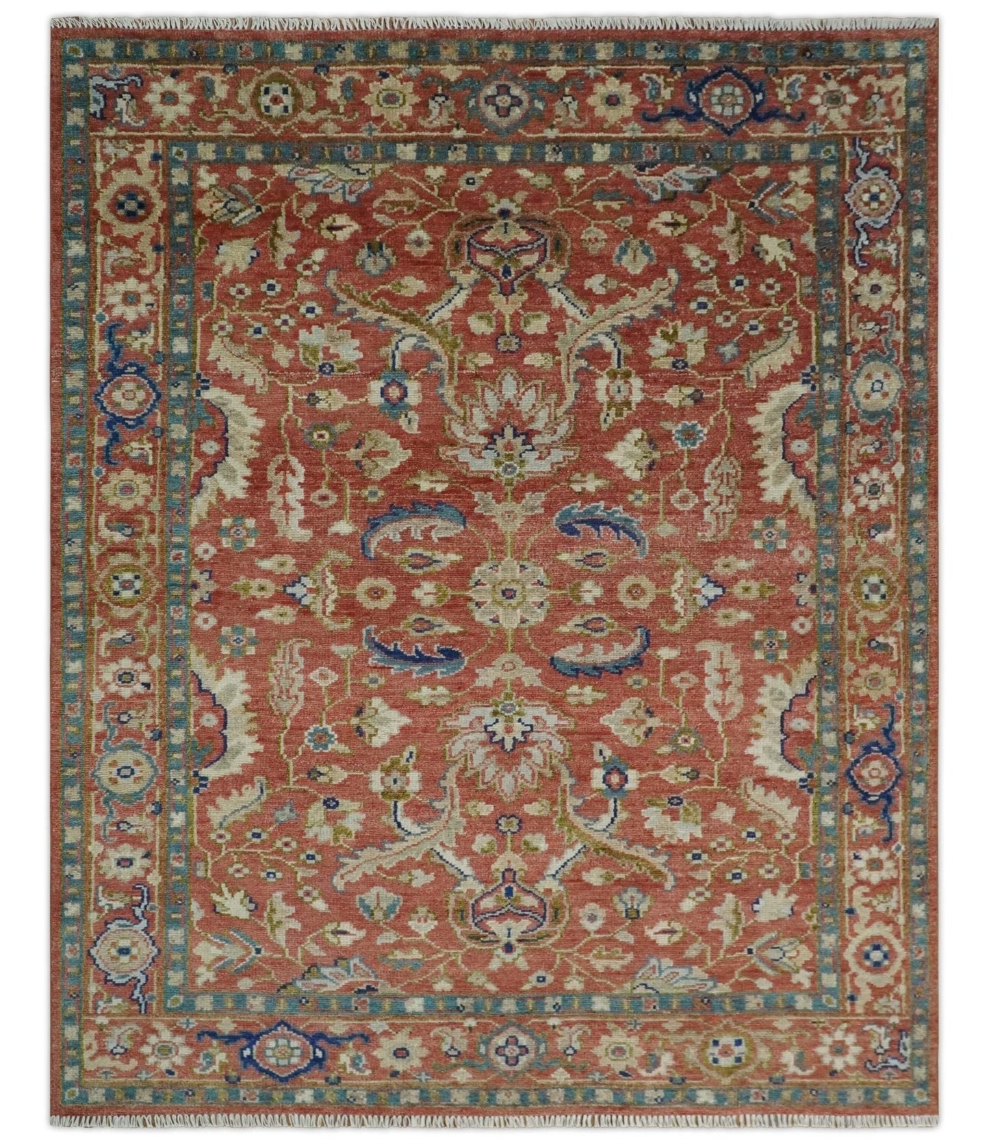 Antique Floral Style Rust, Teal, Ivory and Olive Hand Knotted Oriental Oushak 8x10 Wool Area Rug