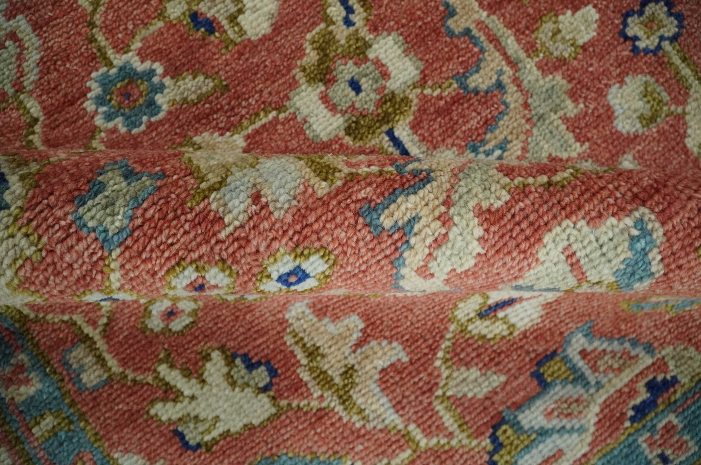 Antique Floral Style Rust, Teal, Ivory and Olive Hand Knotted Oriental Oushak 8x10 Wool Area Rug