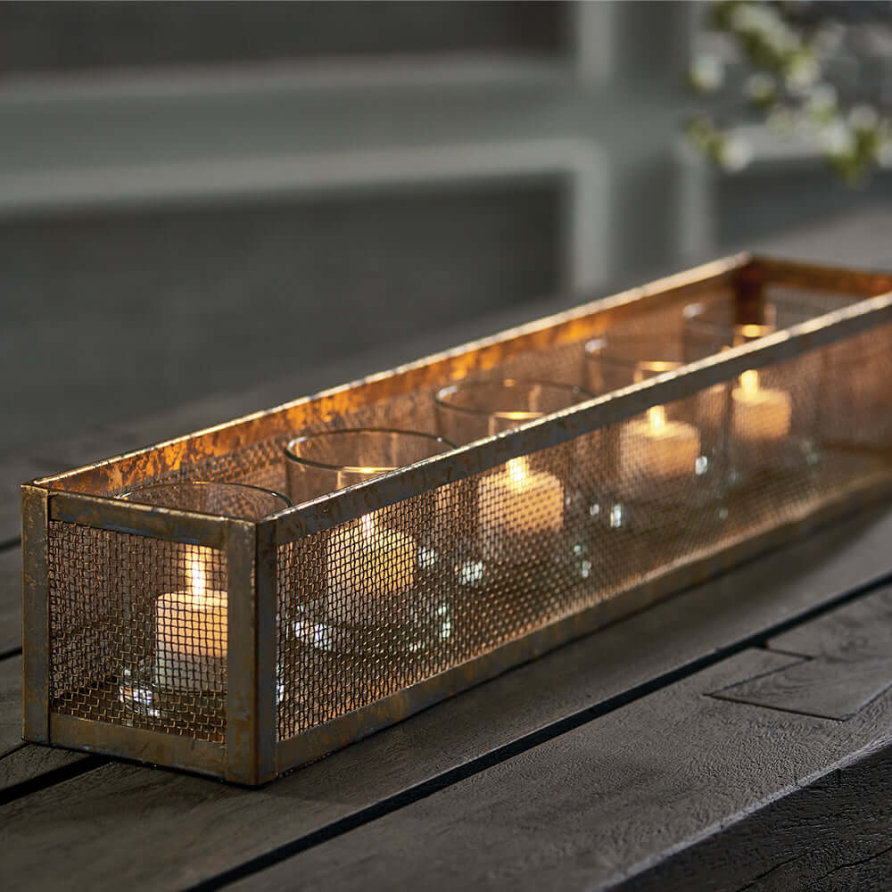 Antique Gold Mesh Candle Holder Centerpiece Tray