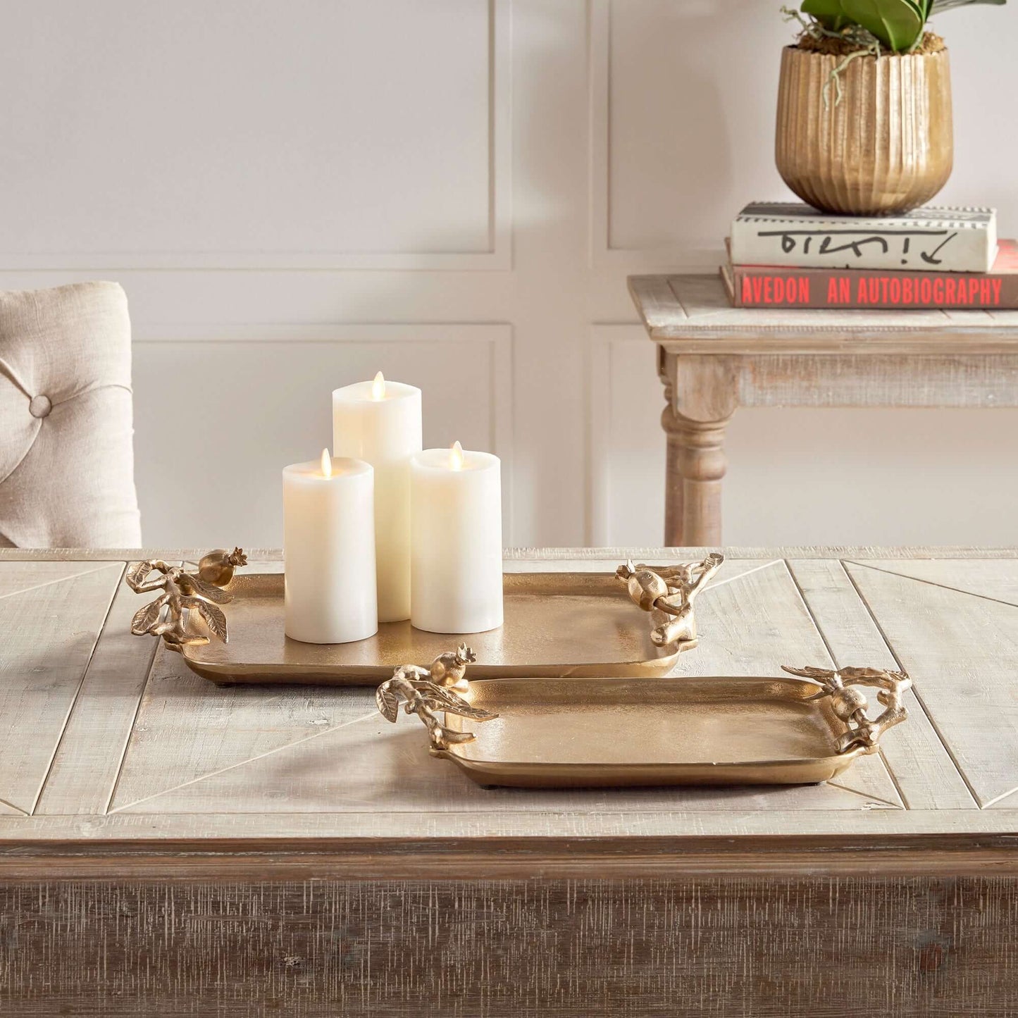 Antique Gold Pomegranate Handle Decorative Trays (Set of 2)