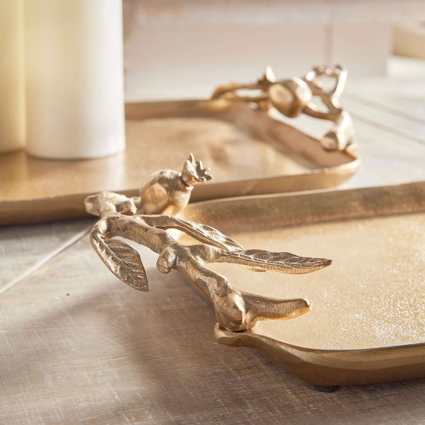Antique Gold Pomegranate Handle Decorative Trays (Set of 2)