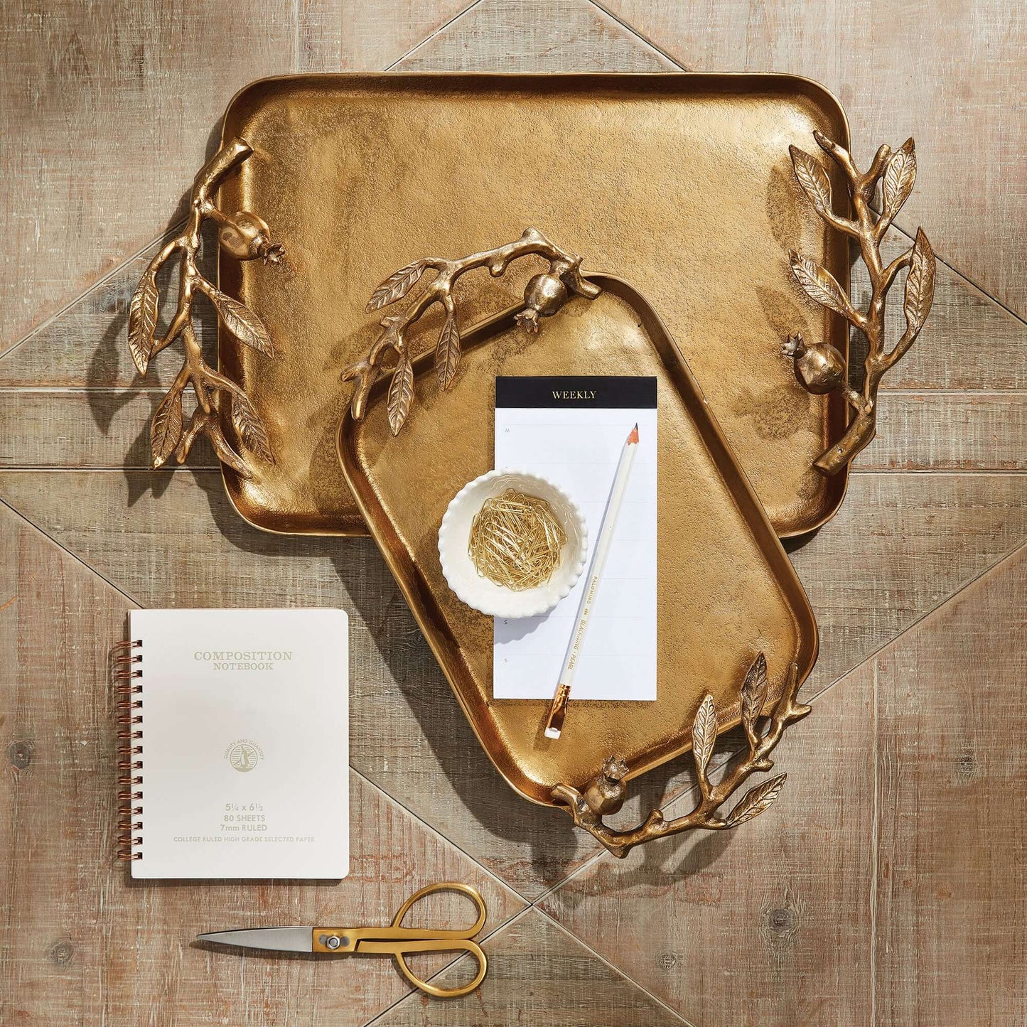 Antique Gold Pomegranate Handle Decorative Trays (Set of 2)